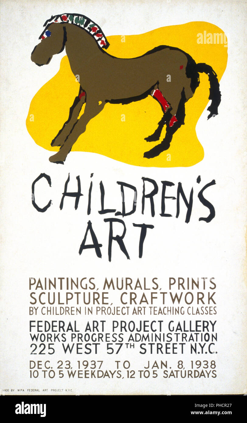Poster annunciando mostra di arte per i ragazzi al progetto federale di Arte Galleria Opere, corso Amministrazione, 225 West 57th Street, New York City, che mostra un bambino del disegno di un cavallo. Foto Stock