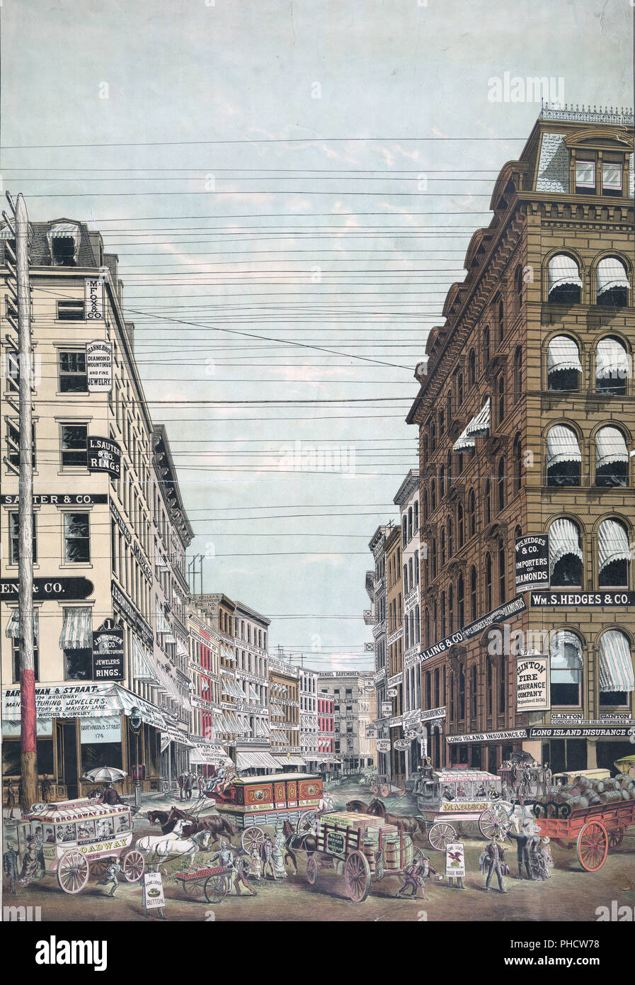 Vista di Broadway e Maiden Lane New York City ca. 1800s Foto Stock