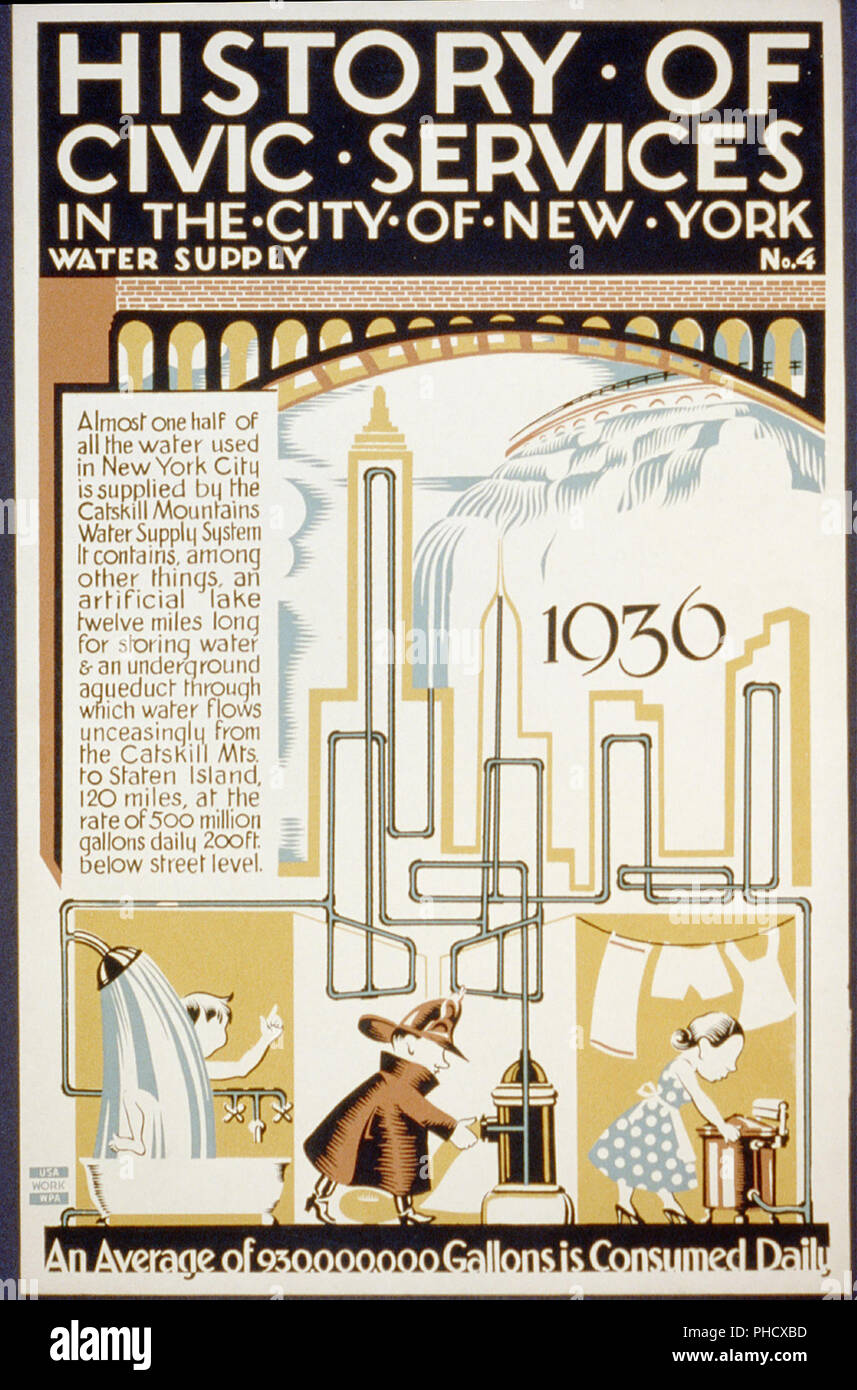 Poster per il progetto federale di arte della serie sulla storia dei servizi civici, che mostra modi acqua viene consumata nella città di New York nel 1936. Foto Stock