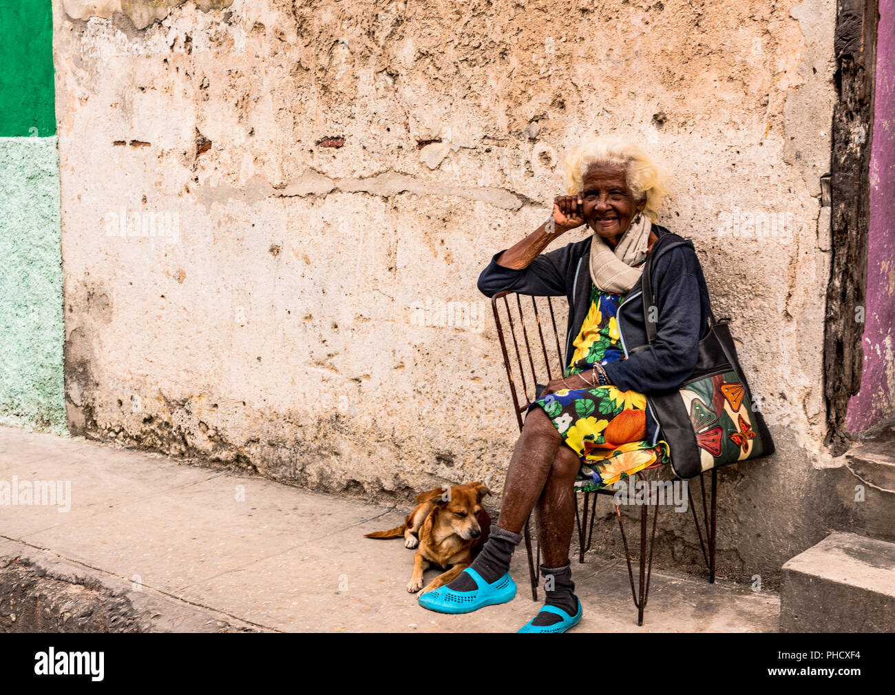 Anziana donna cubana si siede con il suo cane al di fuori del suo umile casa nella sezione poveri della Vecchia Havana, Cuba. Foto Stock