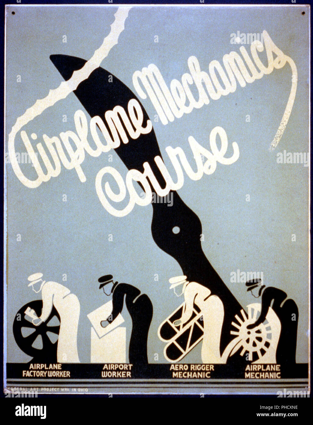 Poster annunciando le opportunità di formazione in aereo meccanica in aree quali aereo operaio di fabbrica, aeroporto di lavoratore, aero montatore meccanico e meccanico aereo Foto Stock