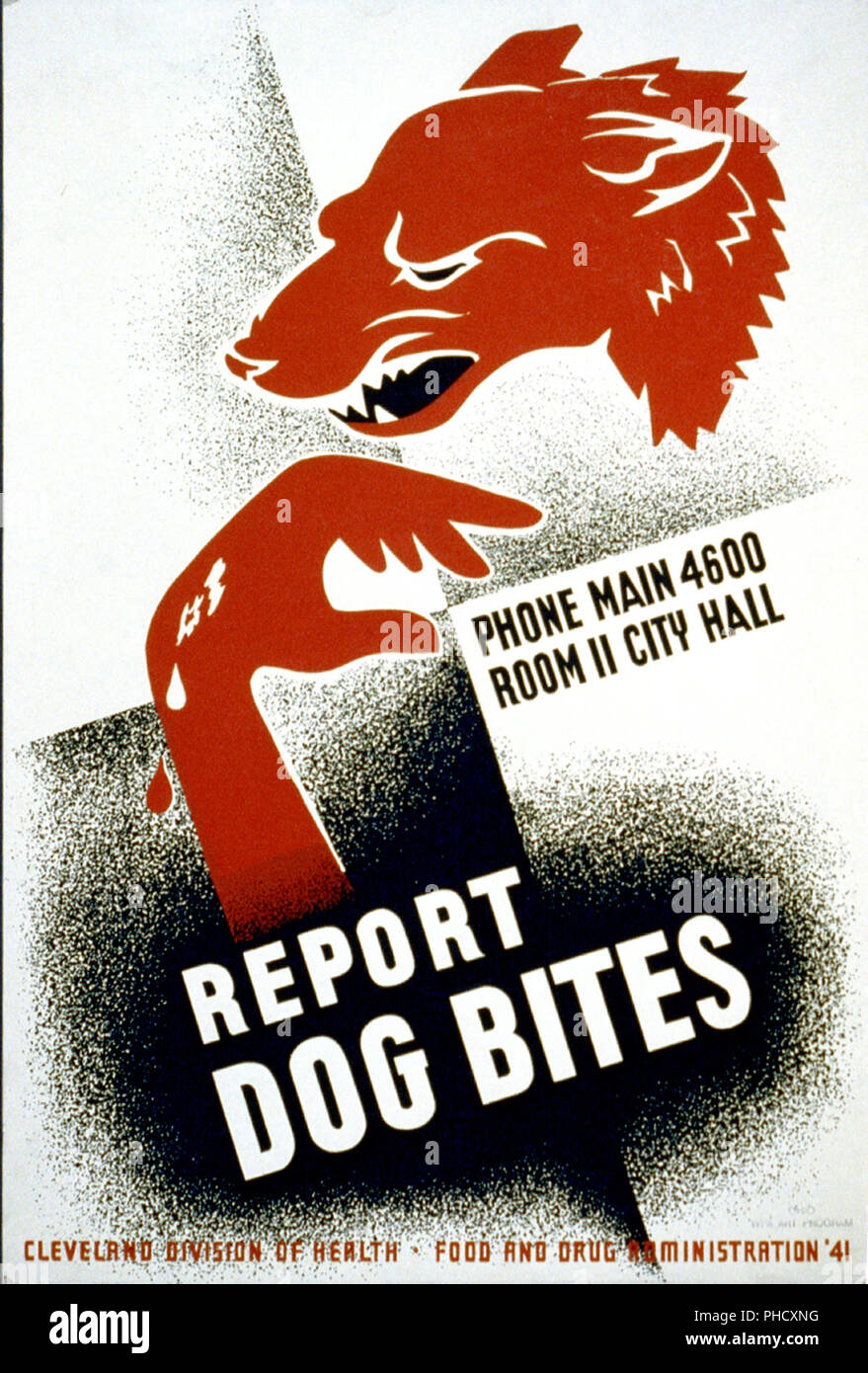 Poster per la divisione di Cleveland di salute incoraggiante morso di cane vittime di riferire i morsi di cane alle autorità competenti, mostrando il cane e ferito alla mano. Foto Stock