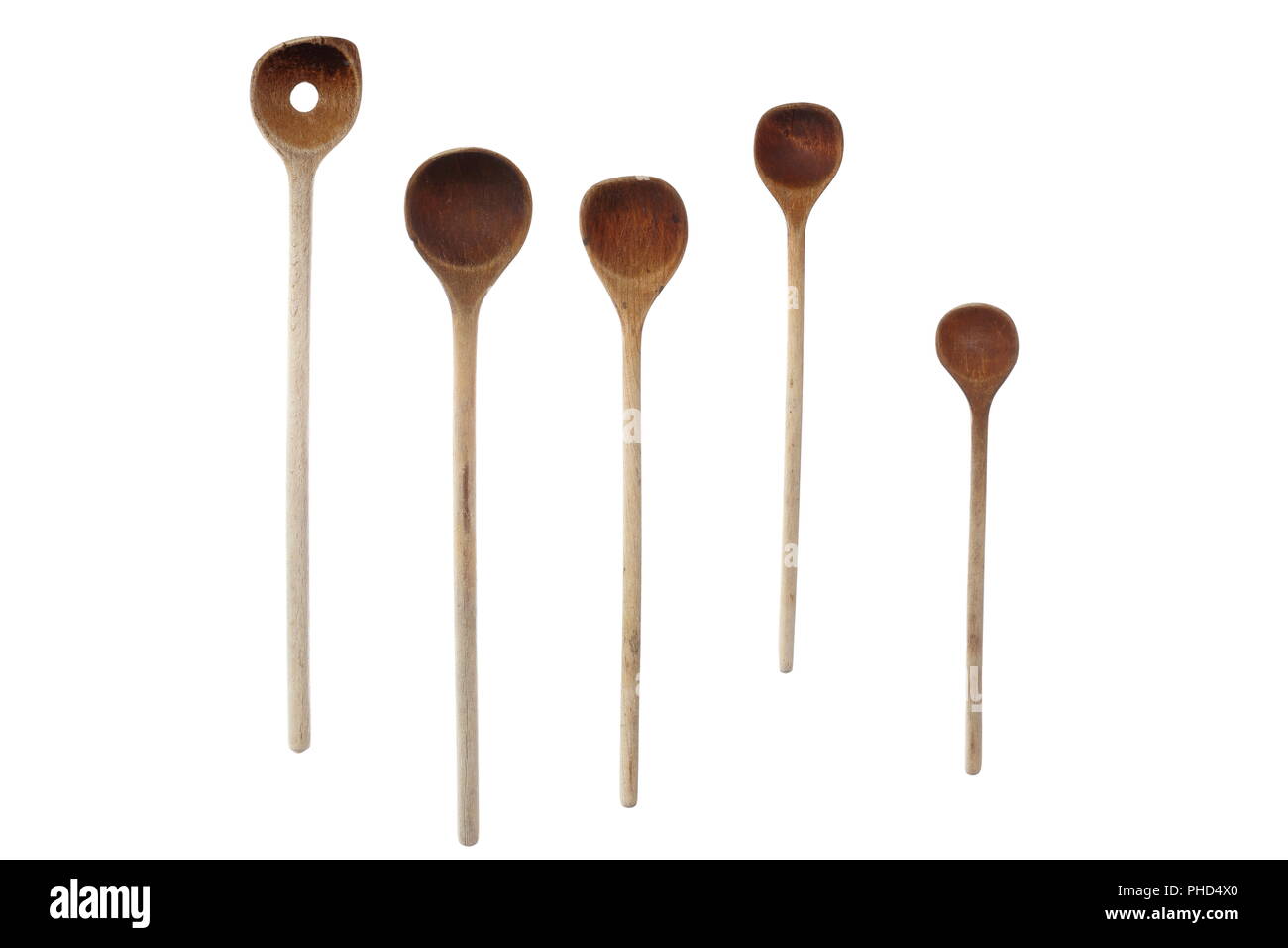 Cinque cucchiai di legno Foto Stock