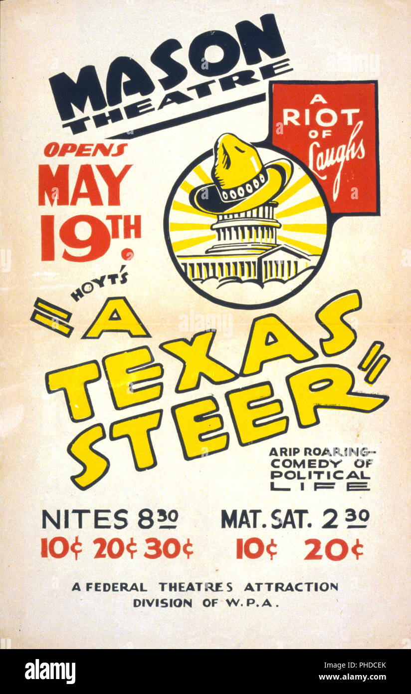 Poster per il teatro federale la presentazione di un progetto di Hoyt's 'A Texas Steer" presso la Mason Theatre, mostrando un cappello da cowboy sulla cupola del Campidoglio. Foto Stock