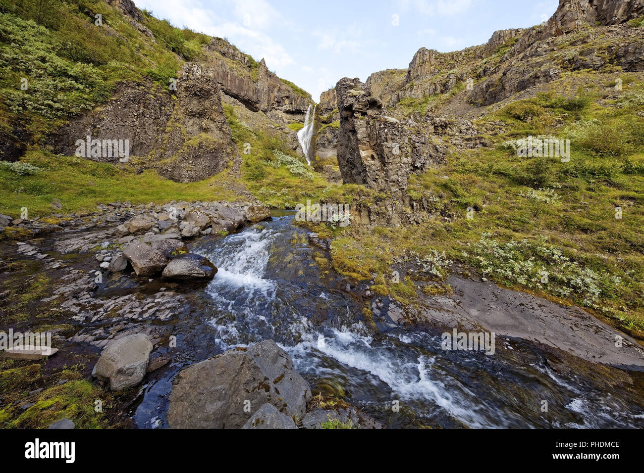 Piccola cascata in Svinafellsheidi in Vatnajoekull National Park, Est Islanda, Islanda, Europa Foto Stock