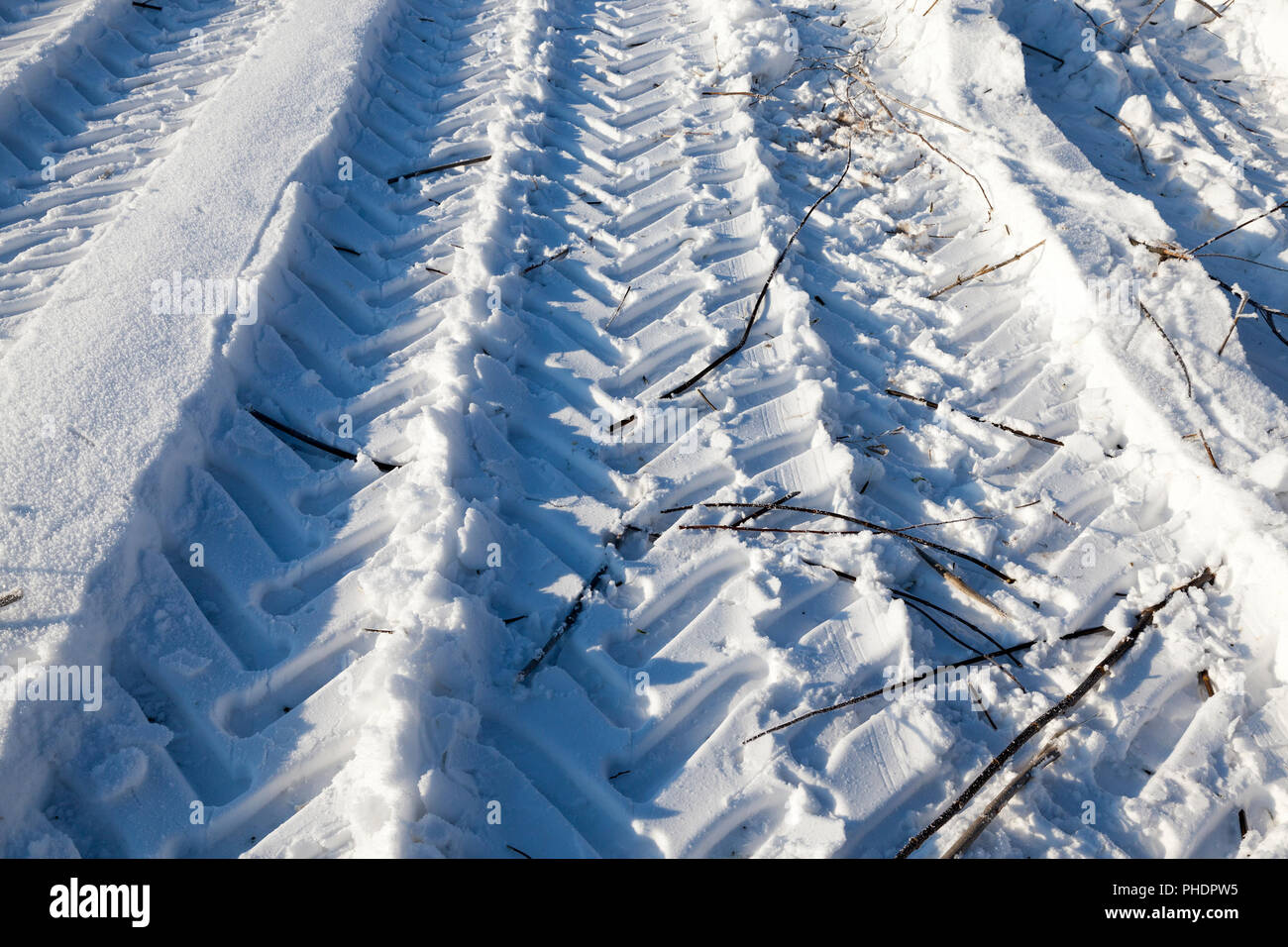 Tracce di ruote e della protezione del trasporto di grande cross-country capacità su cumuli di neve profonda nel campo, primo piano Foto Stock