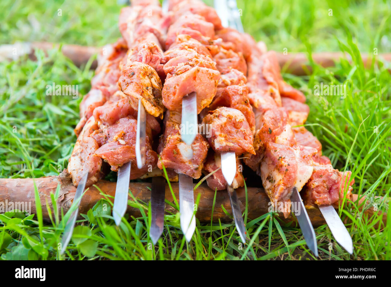 Molti gli spiedini con materie shish kebab Foto Stock