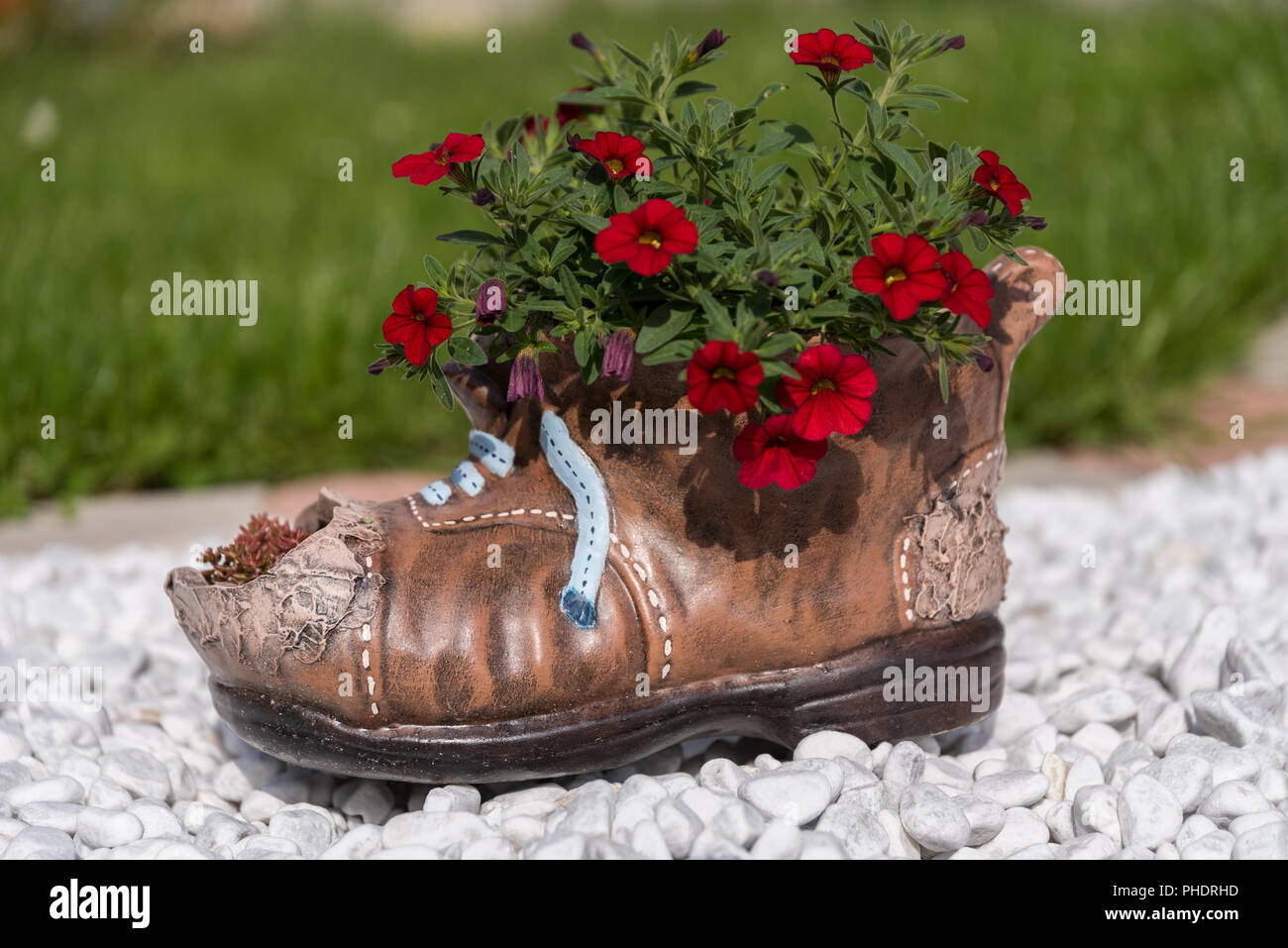 Pattino di ceramica con fiori di colore rosso su bianco tomba decorativi Foto Stock