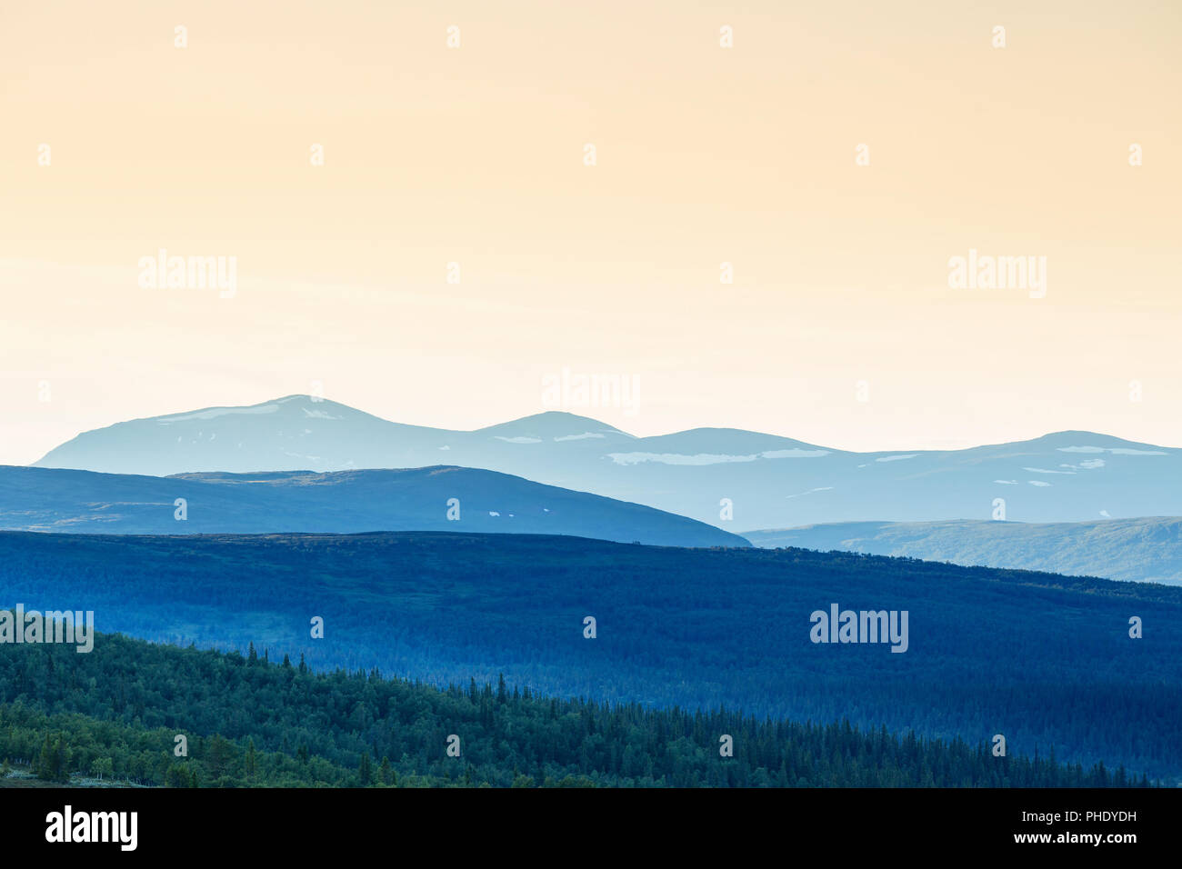 La foresta e la montagna sagome con ombre nella luce della sera Foto Stock