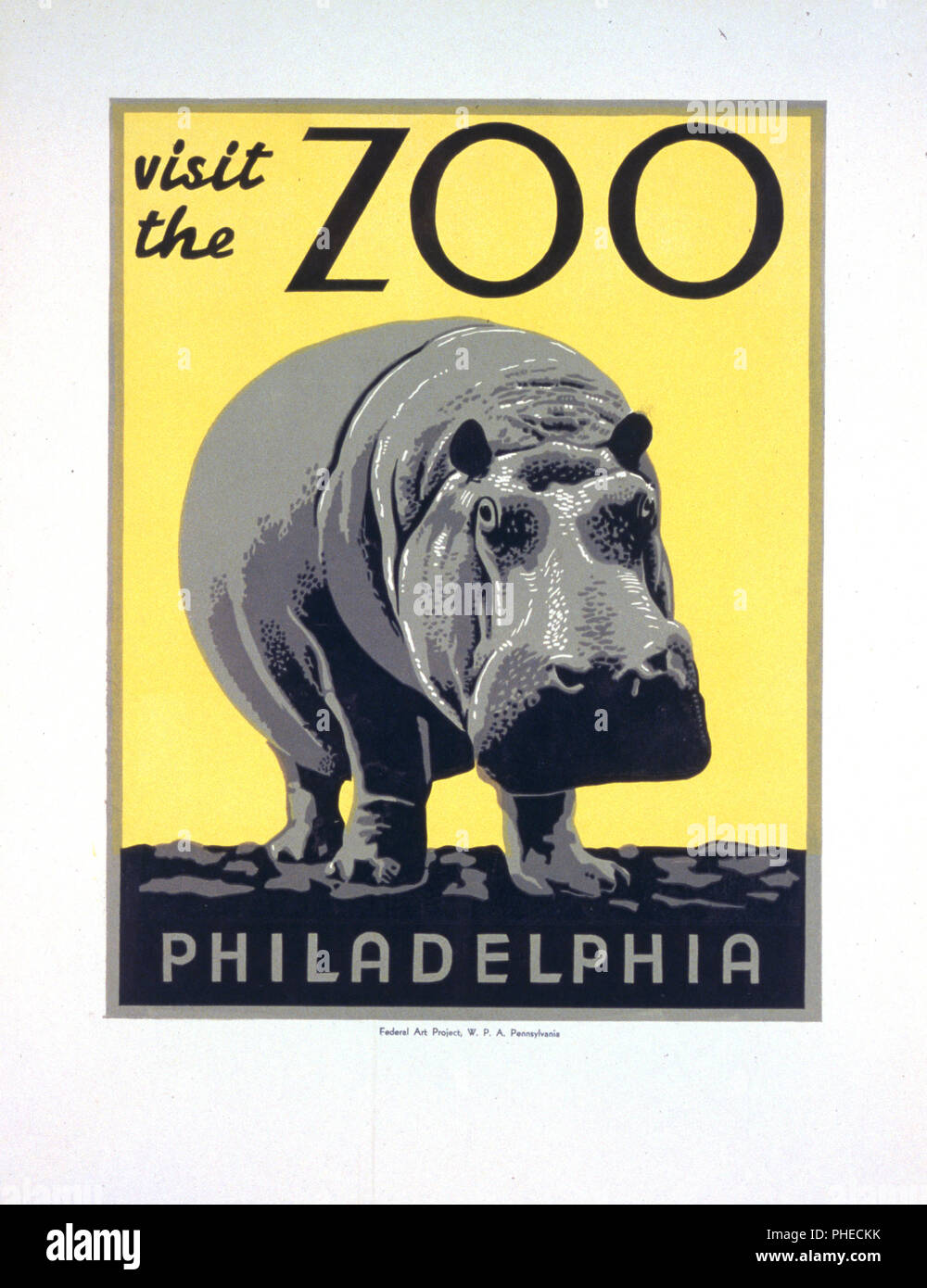 Poster di promozione della zoo come un luogo da visitare, mostrando un ippopotamo. ca 1936-1941 Foto Stock