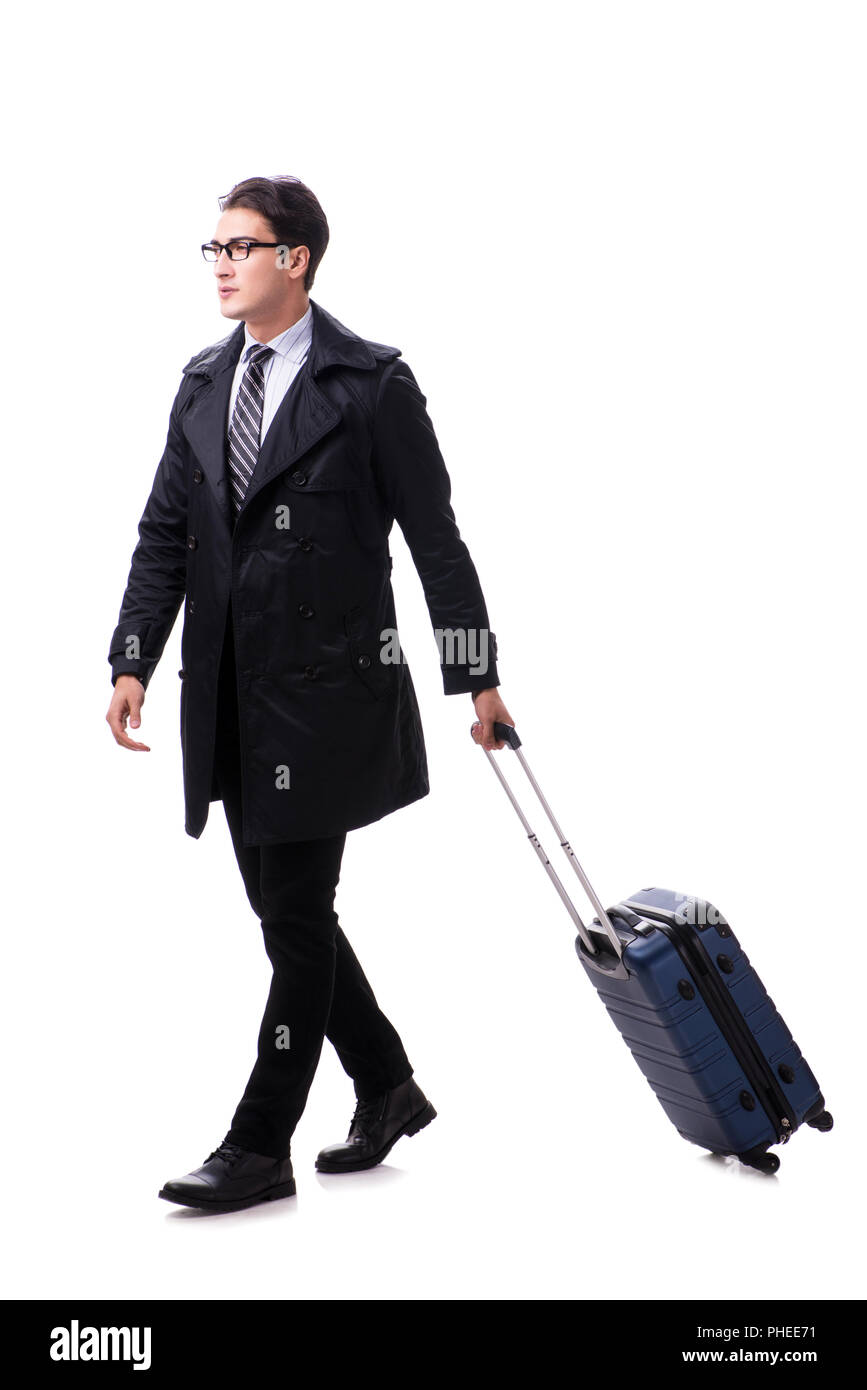 Giovane imprenditore con valigia pronto per il viaggio di lavoro su bianco Foto Stock