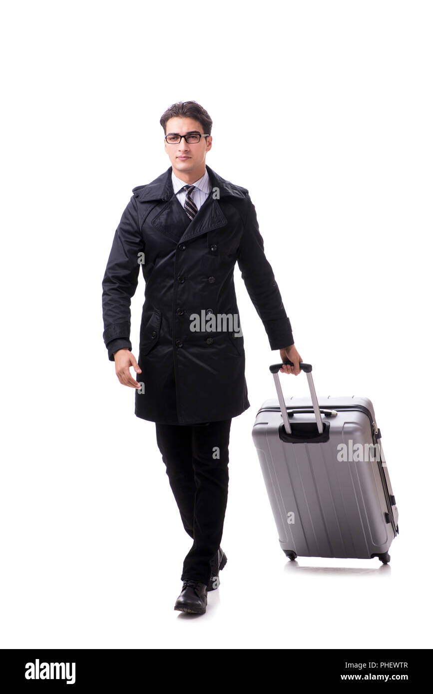 Giovane imprenditore con valigia pronto per il viaggio di lavoro su bianco Foto Stock