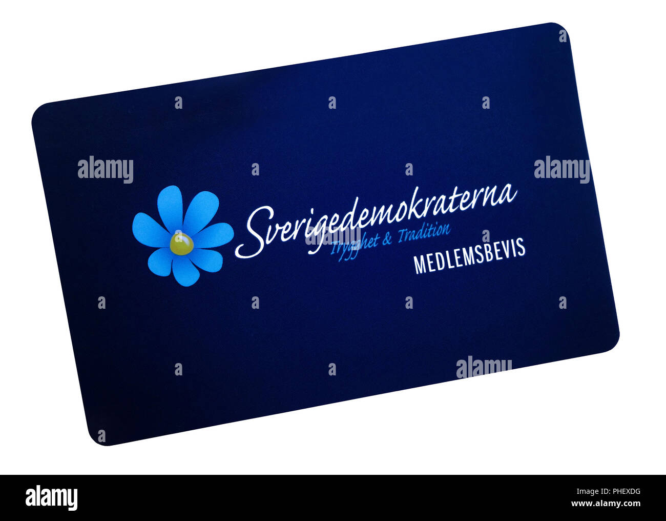 La Svezia democratici o democratici svedesi partito politico membership card sul lato anteriore. 'Swedish: Sverigedemokraterna' Foto Stock