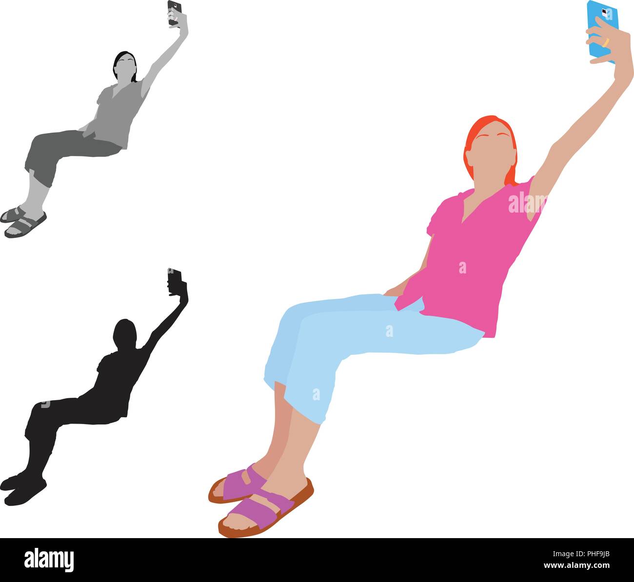 Realistico di colore piatto illustrazione di una giovane donna prendendo selfie mentre è seduto su una poltrona Illustrazione Vettoriale