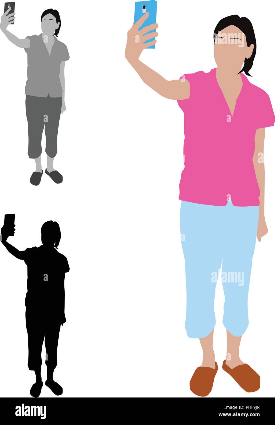 Realistico di colore piatto illustrazione di una donna prendendo selfie mentre in piedi Illustrazione Vettoriale