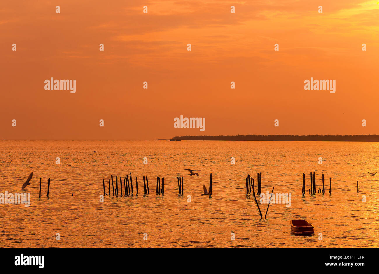 Lonely in legno barca dei pescatori con i gabbiani quando il tramonto / alba sul mare una libertà e un tranquillo Foto Stock