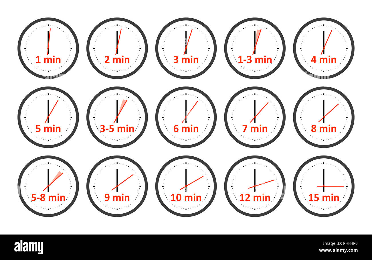 Una serie di orologi che mostrano una misurazione temporale breve Foto Stock