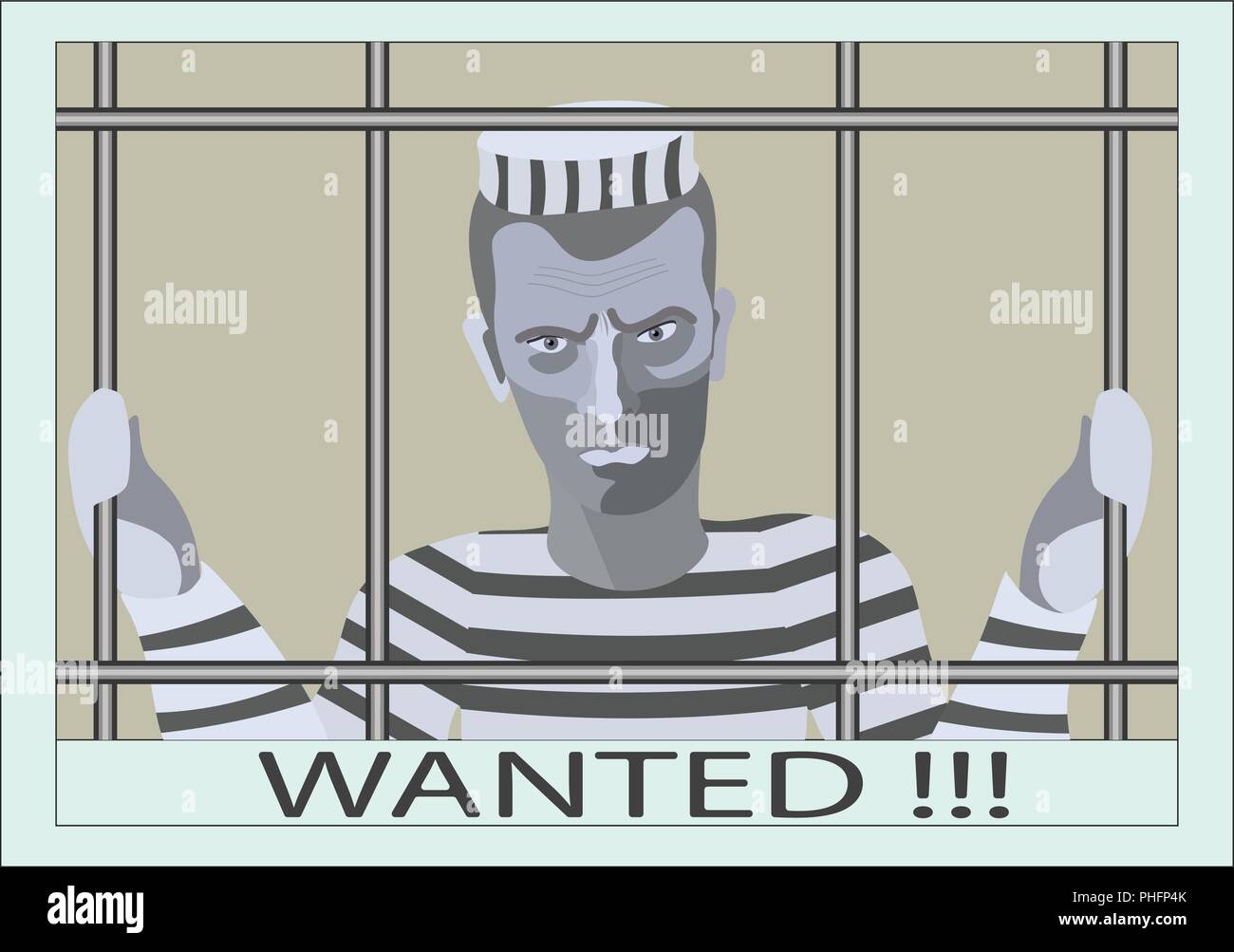 Colore immagine vettoriale. Voleva che la pubblicità. Il criminale dietro le barre Illustrazione Vettoriale