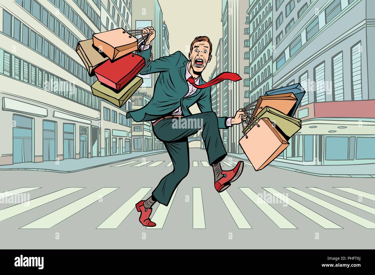 Un uomo con lo shopping attraversando la strada. Fumetto cartoon arte pop retrò illustrazione vettoriale disegno Illustrazione Vettoriale