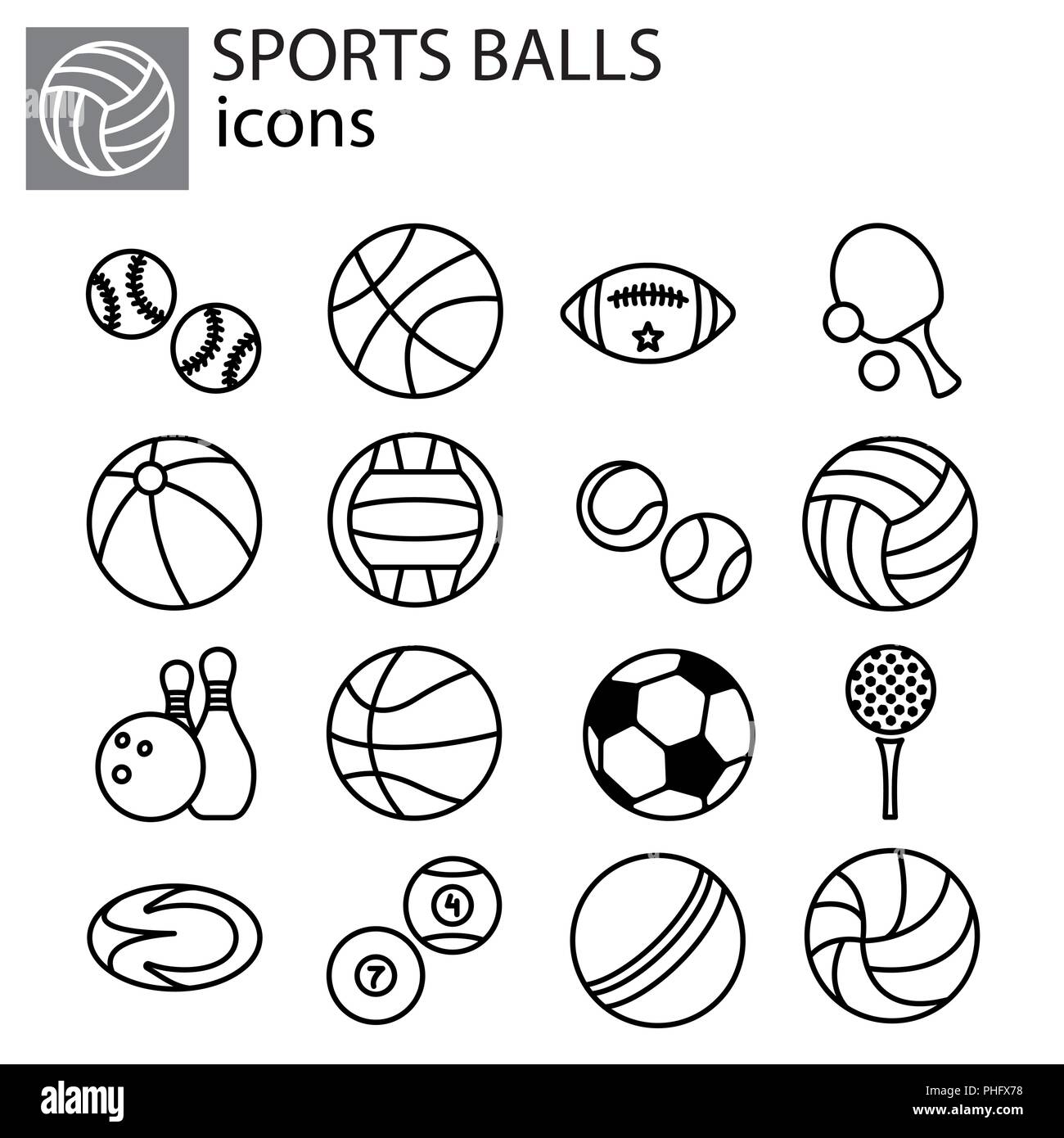 Linea Web impostato. Palle sportive nero su sfondo bianco Illustrazione Vettoriale