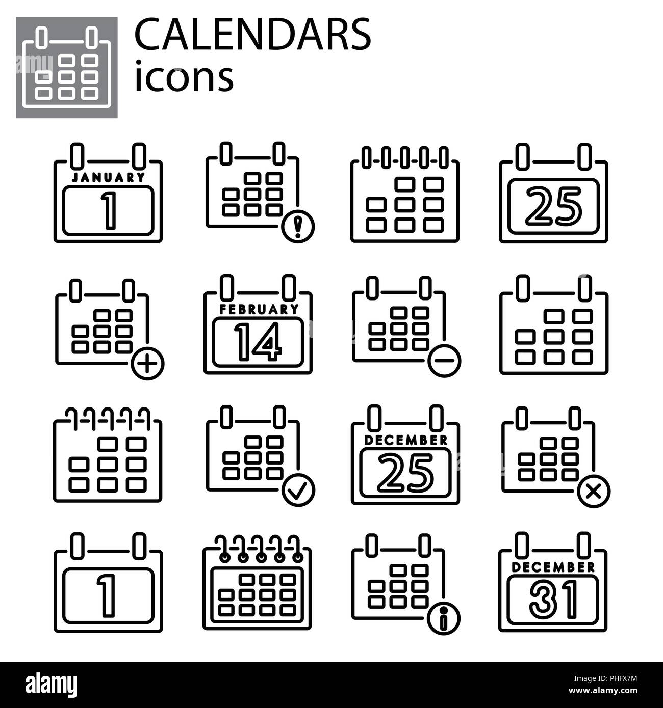 Web icone set. Calendari nero su sfondo bianco Illustrazione Vettoriale
