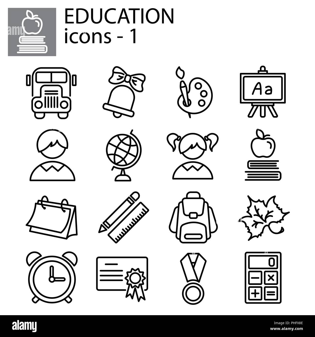 Linea Web impostato. Istruzione (Scuola) nero su sfondo bianco Illustrazione Vettoriale