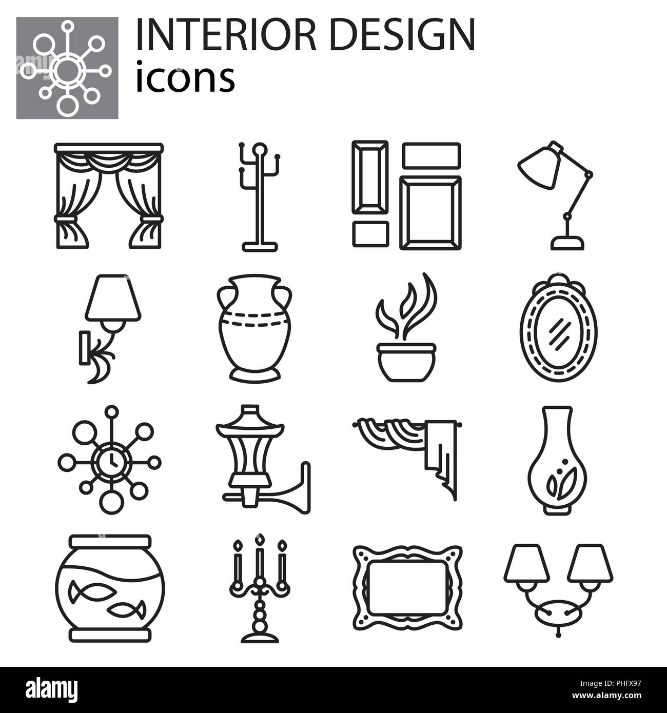 Web icone set - Interior design nero su sfondo bianco Illustrazione Vettoriale