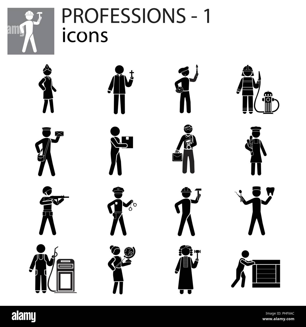 Professioni set di icone nero su sfondo bianco Illustrazione Vettoriale