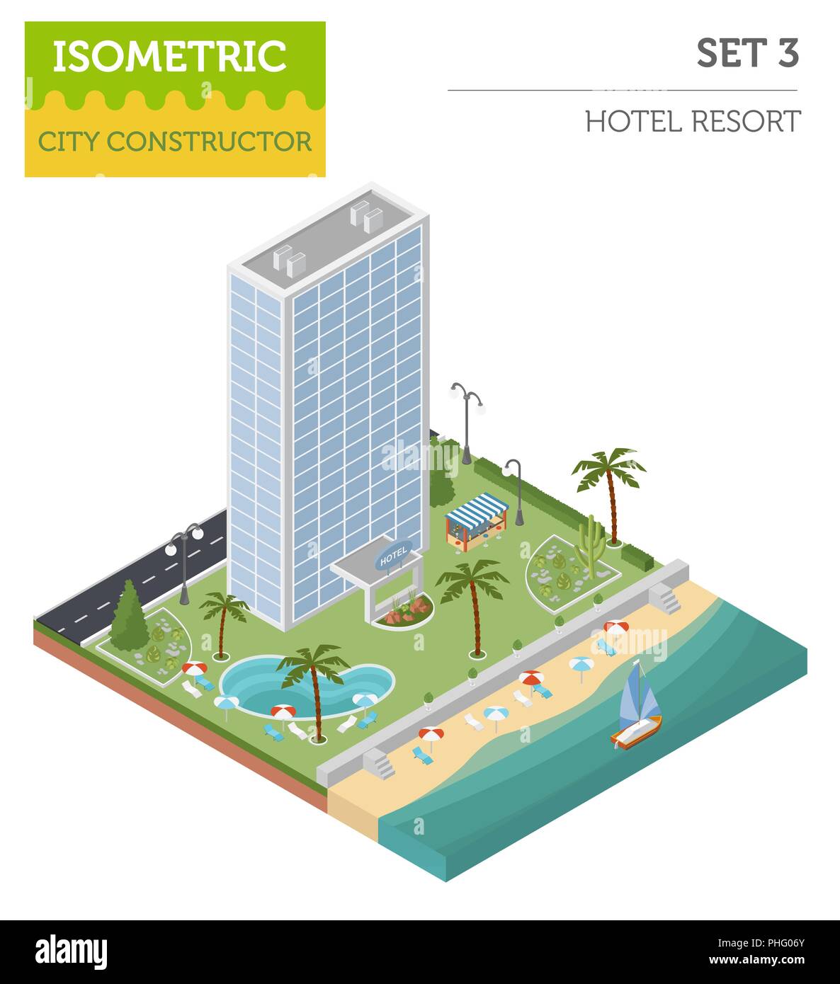 Appartamento 3D isometrica resort hotel e mappa della città costruttore elementi come edificio, Spiaggia, piscina, giardino, bar, la natura isolata su bianco. Costruire Illustrazione Vettoriale