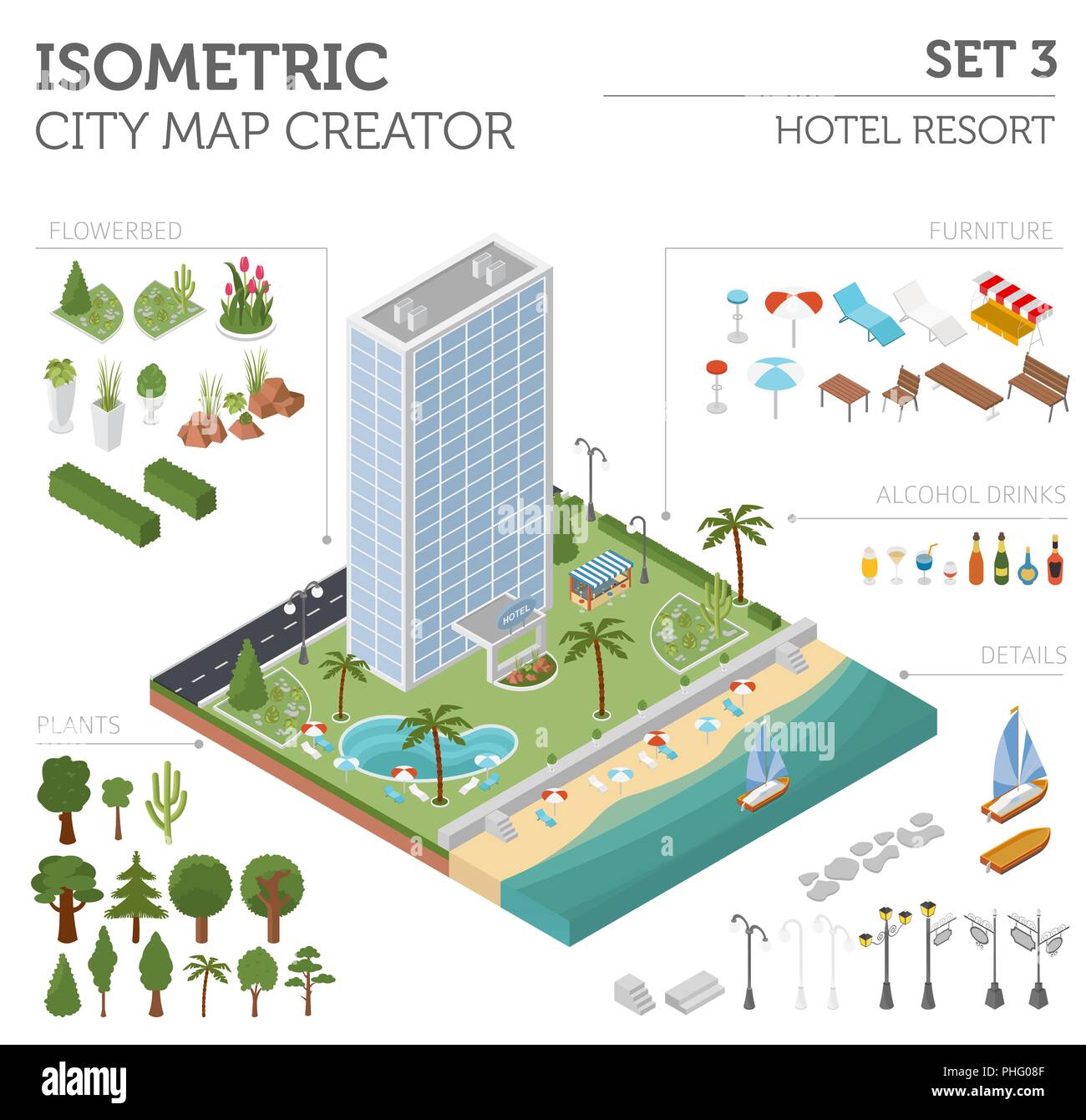 Appartamento 3D isometrica resort hotel e mappa della città costruttore elementi come edificio, Spiaggia, piscina, giardino, bar, la natura isolata su bianco. Costruire Illustrazione Vettoriale