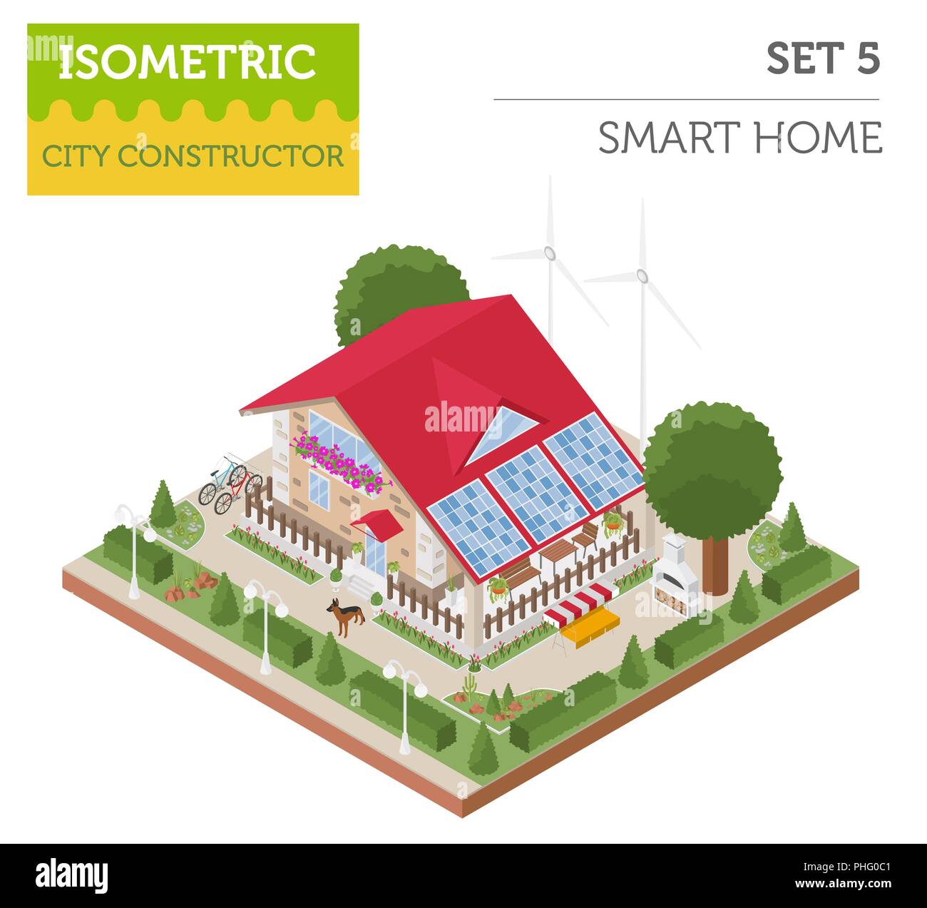 Appartamento 3D isometrica smart home e mappa della città costruttore elementi come edificio, , giardino, fonti di energia rinnovabili isolato su bianco. Costruisci il tuo infogra Illustrazione Vettoriale