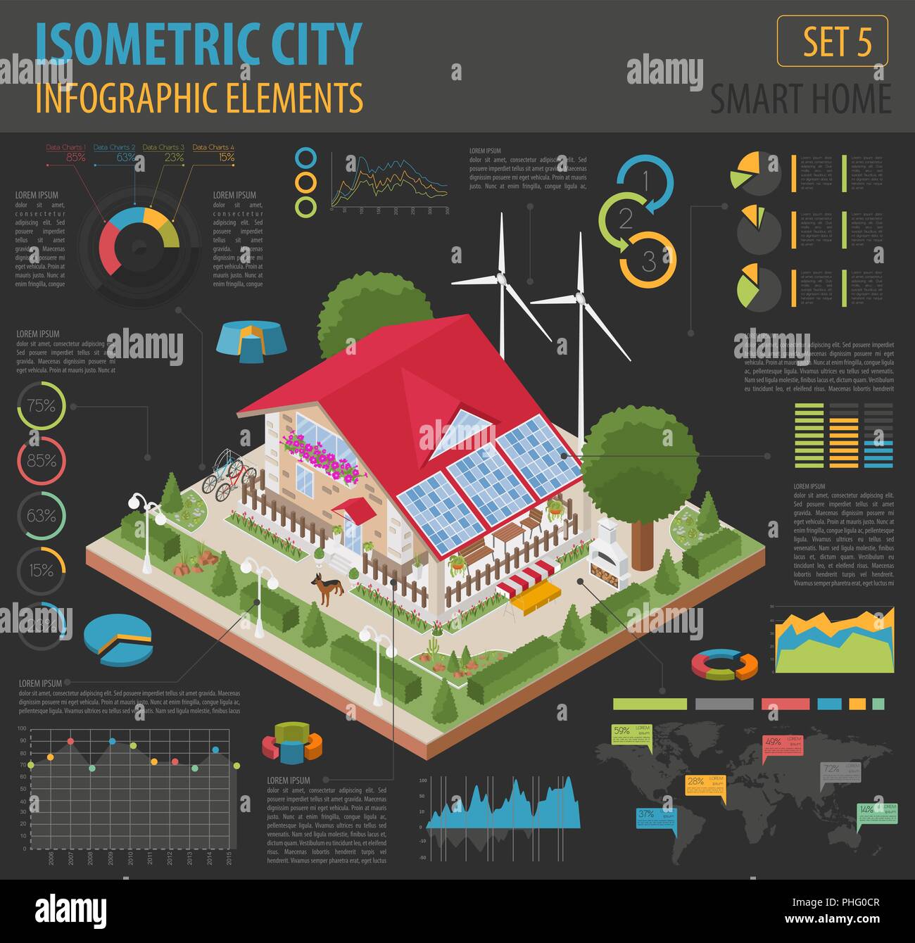 Appartamento 3D isometrica smart home e mappa della città costruttore elementi come edificio, , giardino, fonti di energia rinnovabili isolato su bianco. Costruisci il tuo infogra Illustrazione Vettoriale