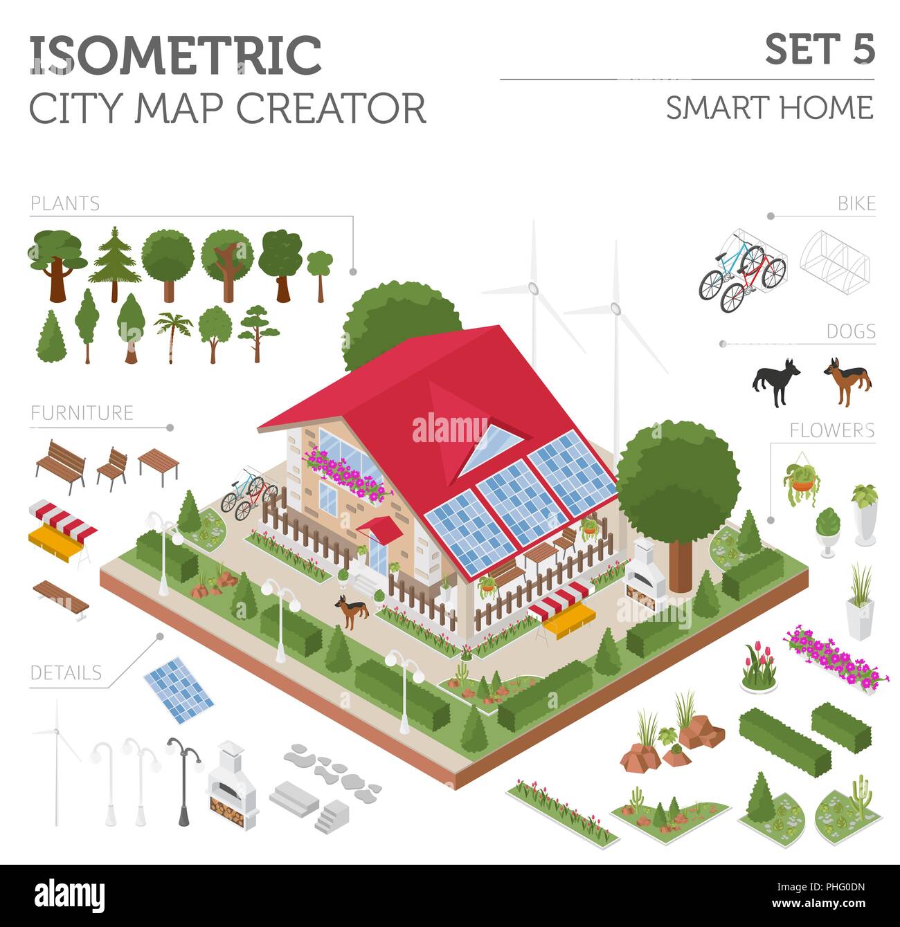 Appartamento 3D isometrica smart home e mappa della città costruttore elementi come edificio, , giardino, fonti di energia rinnovabili isolato su bianco. Costruisci il tuo infogra Illustrazione Vettoriale