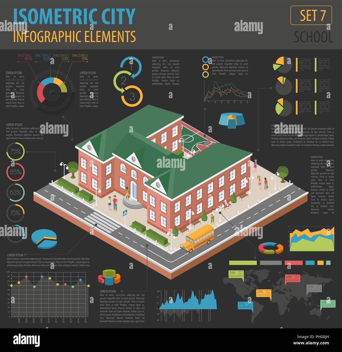 Appartamento 3D isometrica della scuola e mappa della città costruttore elementi come edificio, schoolcild, bus isolata su bianco. Costruisci la tua collezione infografico. Illustrazione Vettoriale