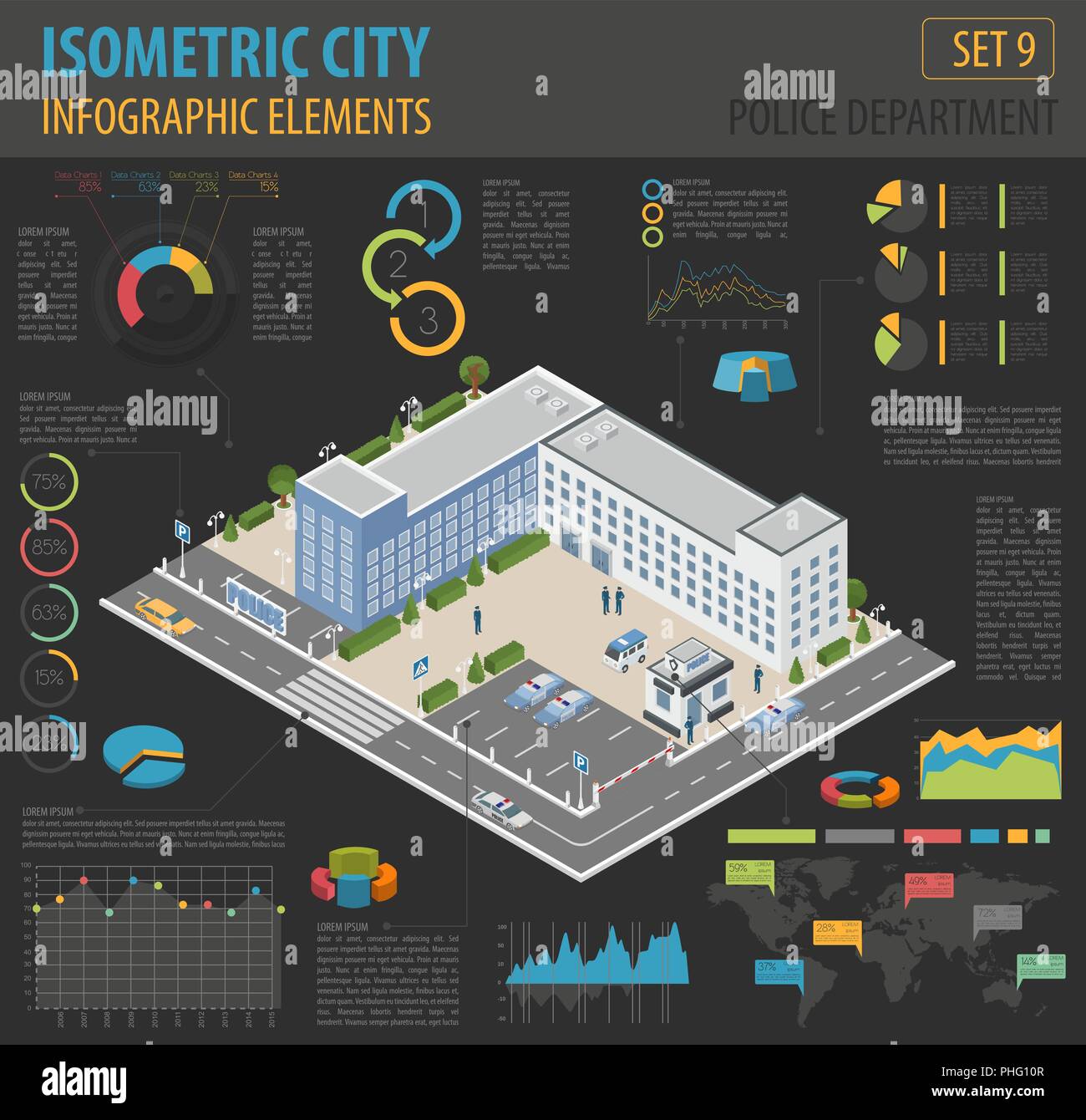 Appartamento 3D isometrica del dipartimento di polizia e mappa della città costruttore elementi come edificio, funzionario di polizia, auto, parcheggio isolato su bianco. Costruisci il tuo Illustrazione Vettoriale