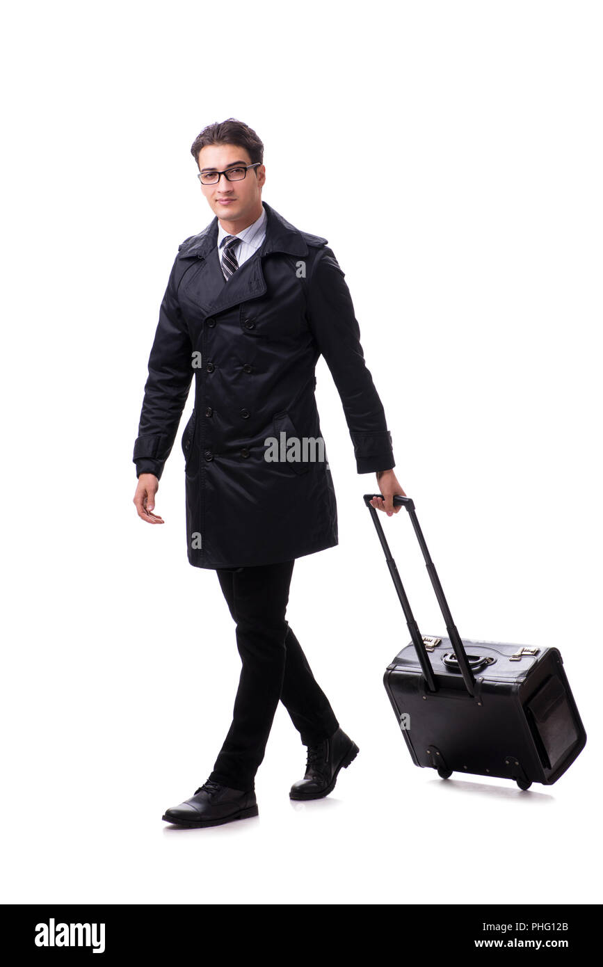 Giovane imprenditore con valigia pronto per il viaggio di lavoro su bianco Foto Stock