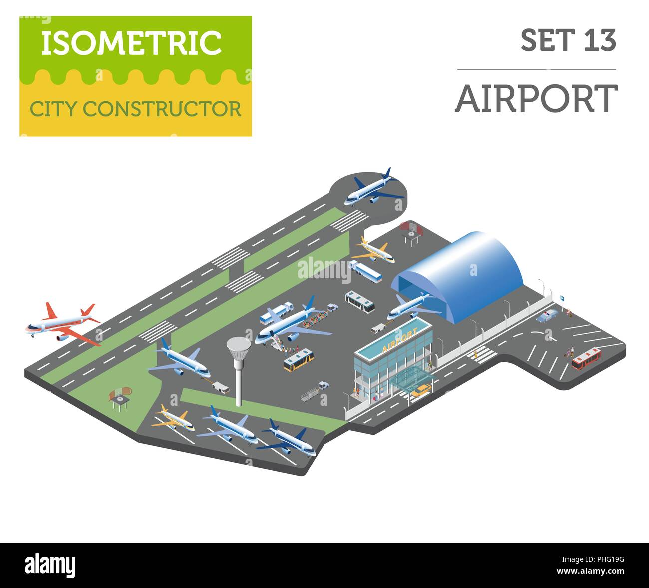 3D isometrica aeroporto e mappa della città costruttore elementi isolati su bianco. Costruisci la tua collezione infografico. Illustrazione Vettoriale Illustrazione Vettoriale