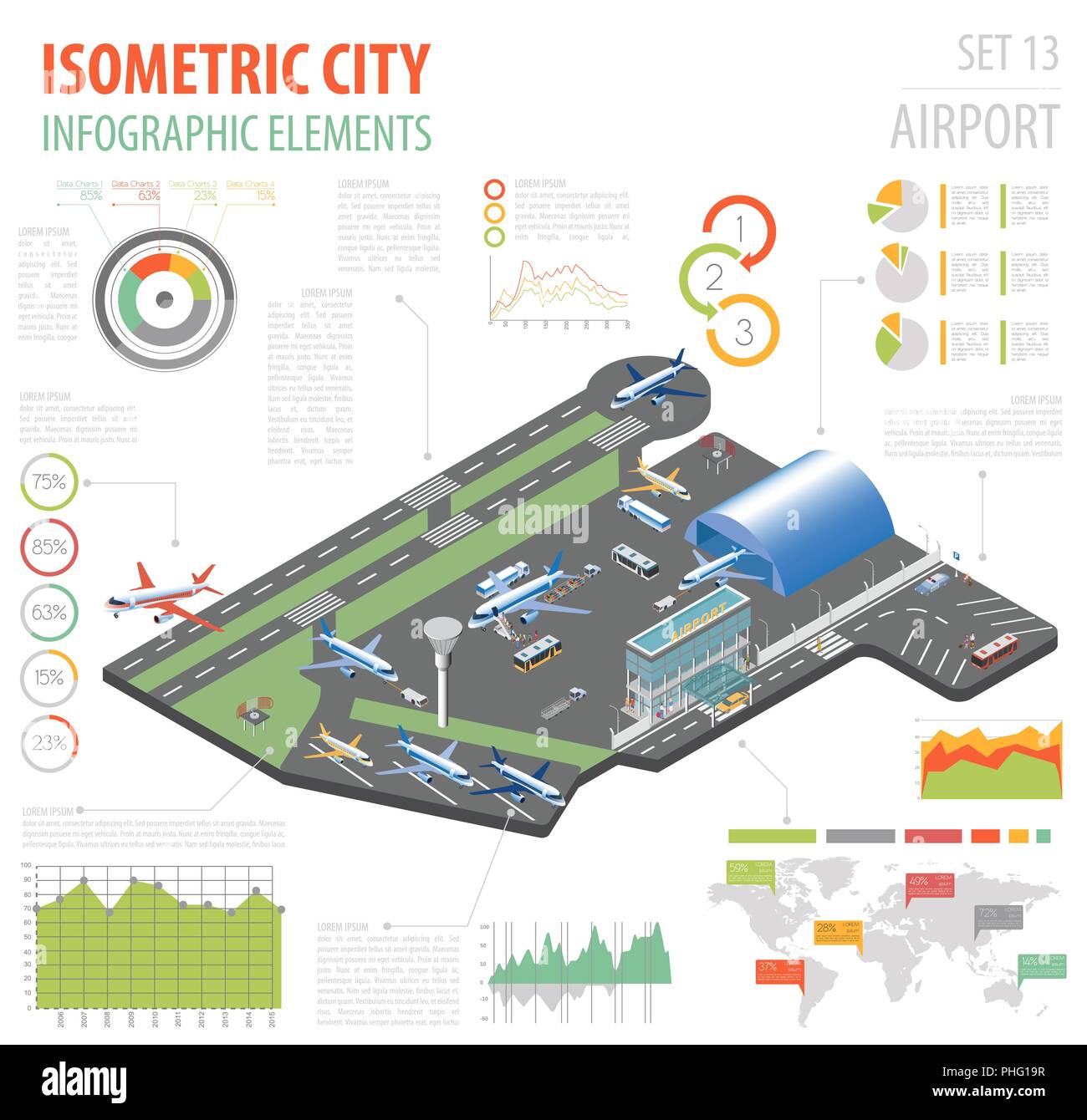 3D isometrica aeroporto e mappa della città costruttore elementi isolati su bianco. Costruisci la tua collezione infografico. Illustrazione Vettoriale Illustrazione Vettoriale