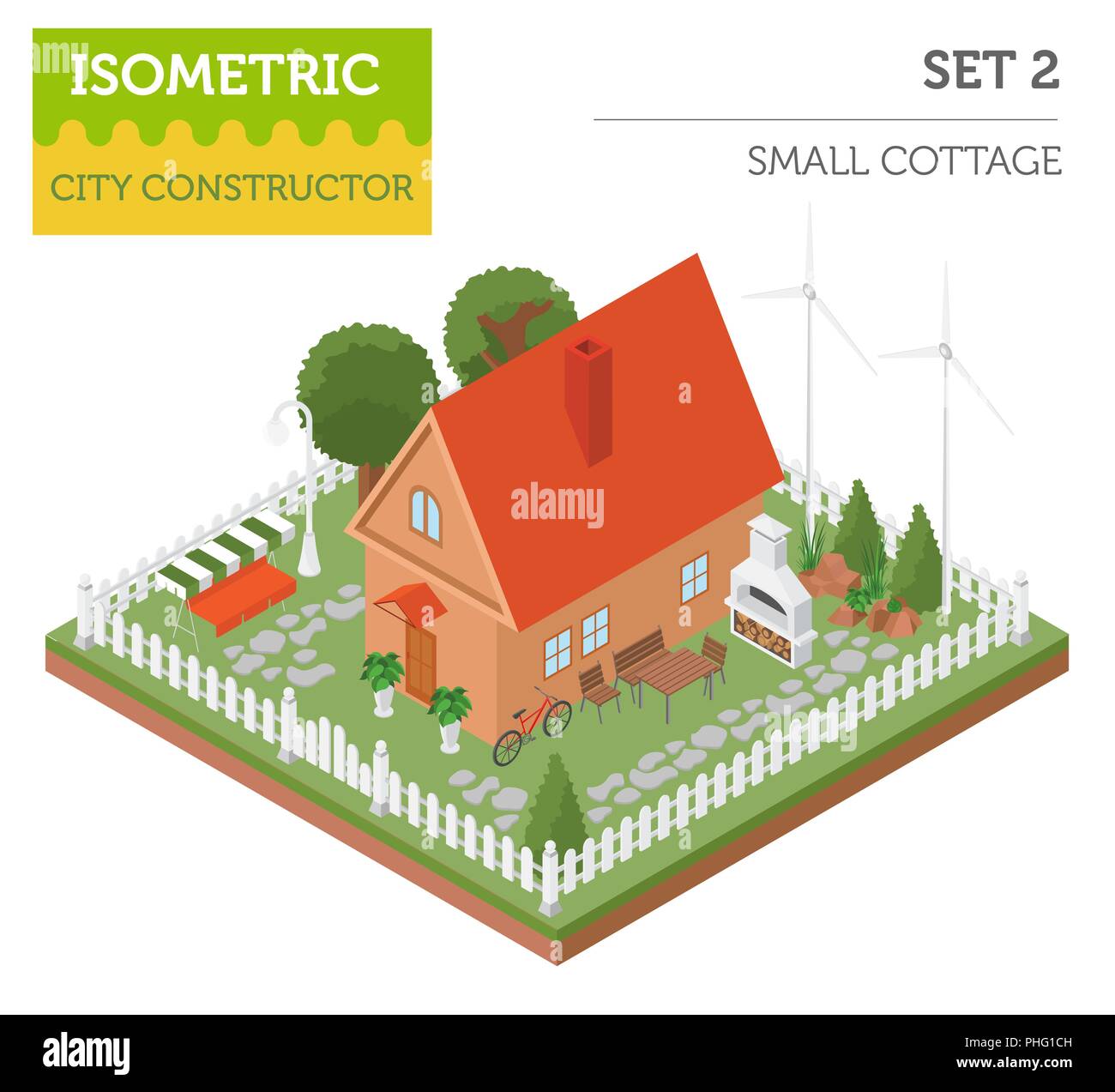 Appartamento 3D isometrica house e mappa della città costruttore elementi come edificio, barbeque, giardino, la natura isolata su bianco. Costruisci il tuo infographics raccogliere Illustrazione Vettoriale