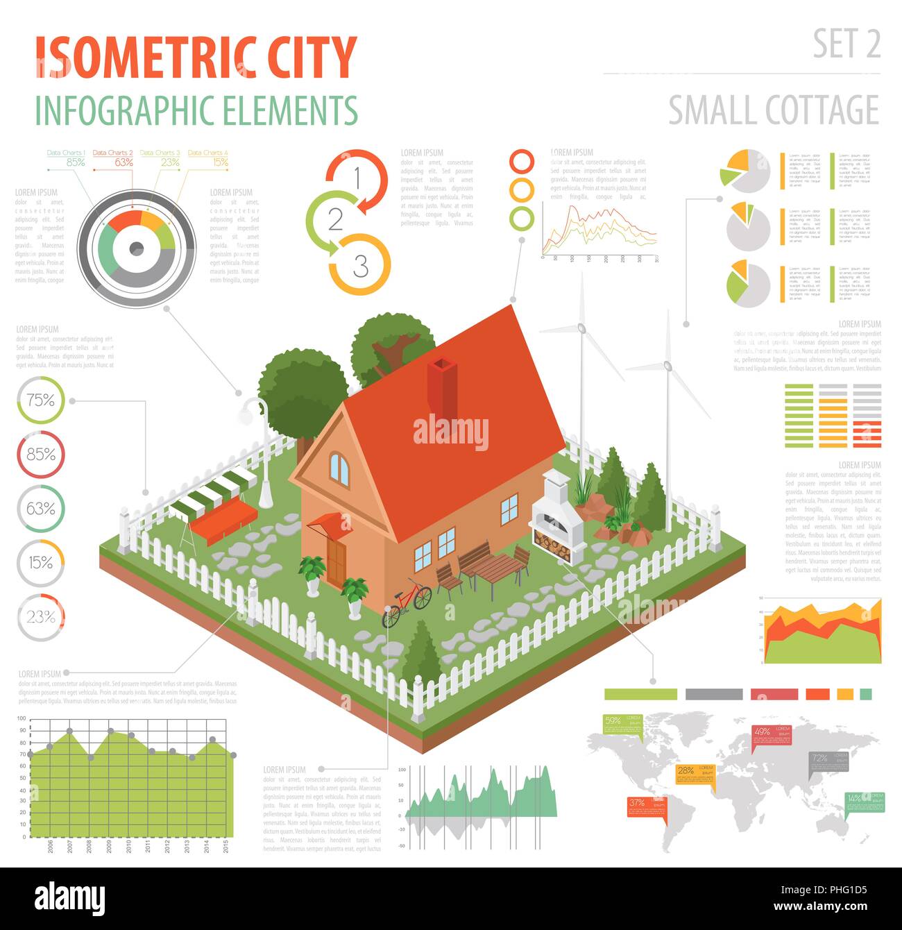 Appartamento 3D isometrica house e mappa della città costruttore elementi come edificio, barbeque, giardino, la natura isolata su bianco. Costruisci il tuo infographics raccogliere Illustrazione Vettoriale