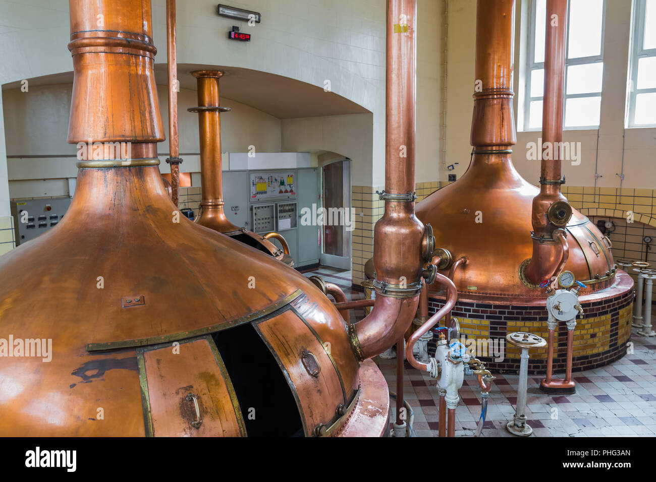 Vintage bollitore in rame - la fabbrica di birra in Belgio Foto Stock