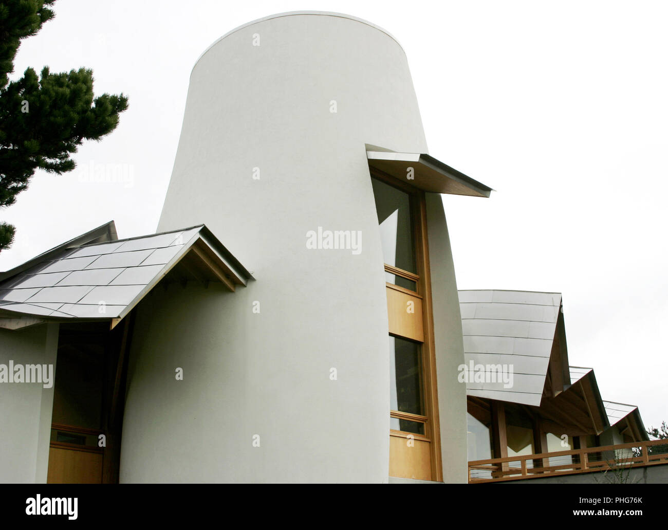 Dettaglio del cancro Maggies Care Center che sorge nella motivazione del Ninewells Hospital di Dundee, in Scozia. Il distintivo tower e bizzarre sul tetto è il lavoro del grande architetto americano; Frank Gehry. Il centro offre un po' di sollievo per le donne che sono stati diagnosticati con il cancro. Foto Stock