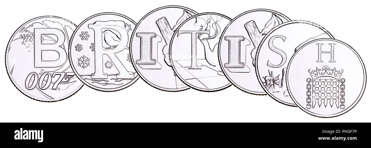 British 10p moneta (retromarcia) da 2018 alfabeti serie, celebrando britannicità. Lettere ortografia "British" Foto Stock