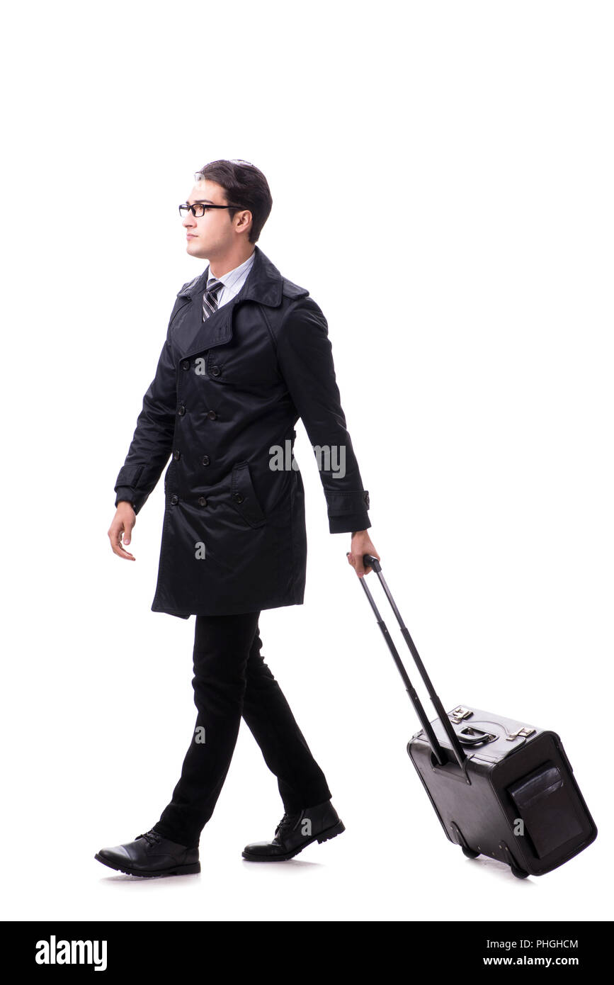 Giovane imprenditore con valigia pronto per il viaggio di lavoro su bianco Foto Stock