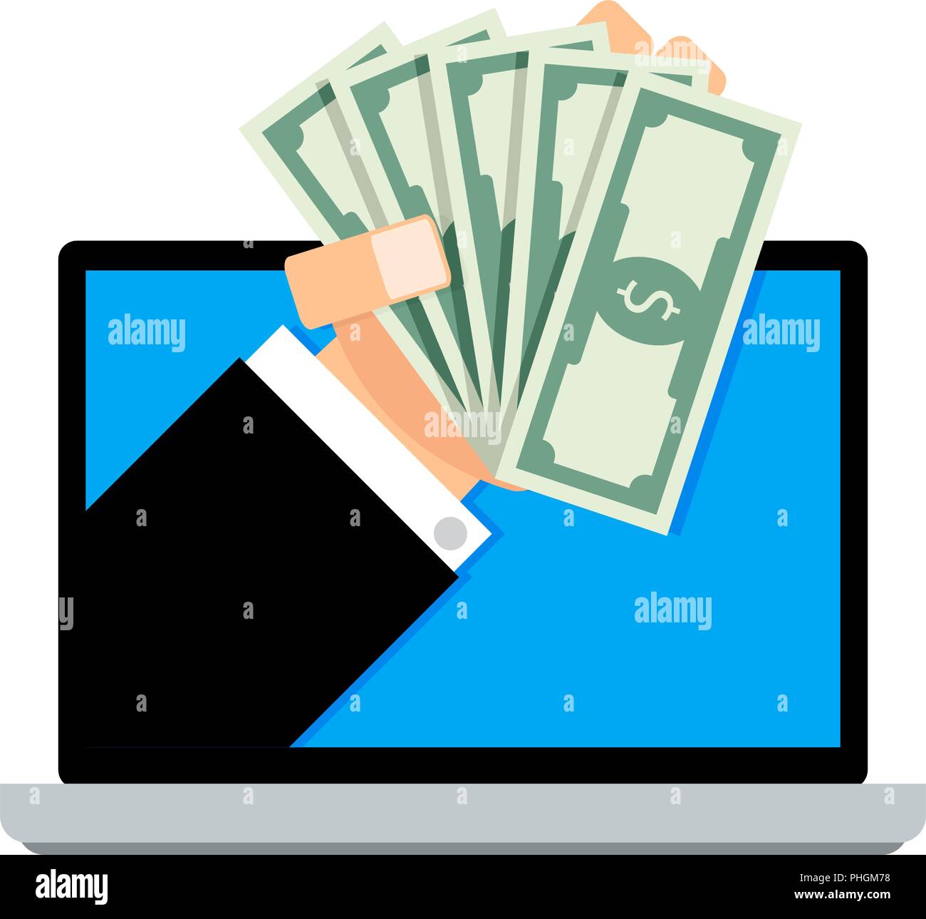 Stipendio online, transazione finanziaria delle banconote dal laptop. Vettore di entrate finanziarie in mano, il prestito in linea e la compensazione di illustrazione delle banconote Illustrazione Vettoriale