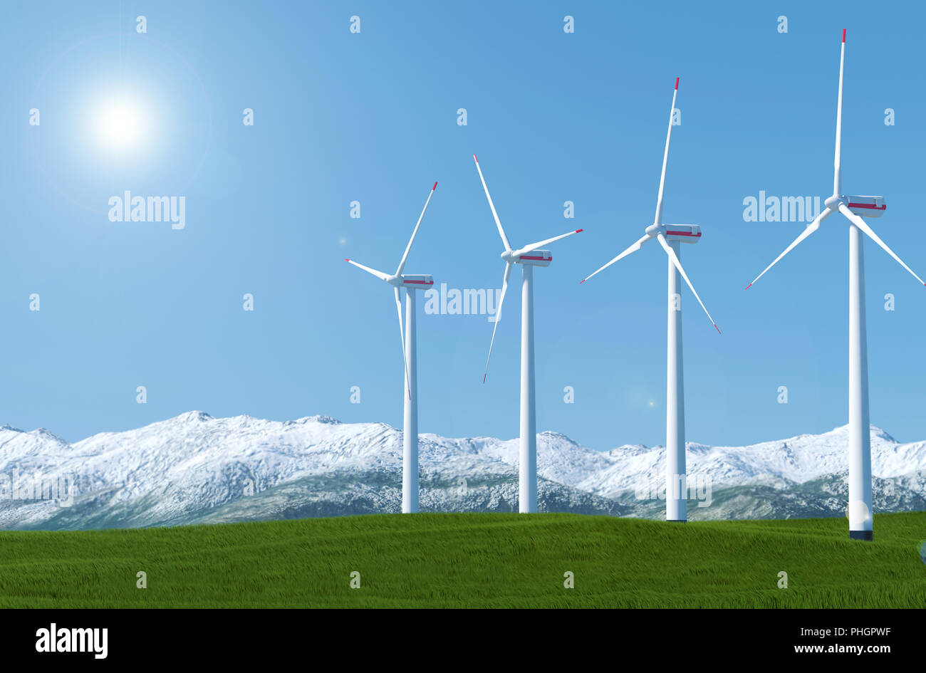 Le turbine eoliche su un prato verde campo contro il cielo blu di sfondo, rendering 3D Foto Stock