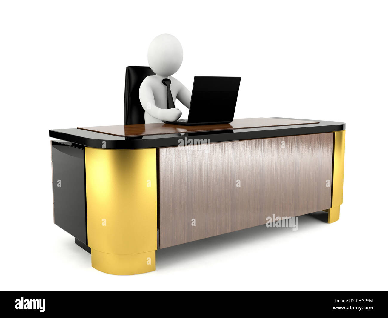 3D uomo al lavoro con il computer portatile sulla grande scrivania da lavoro Foto Stock