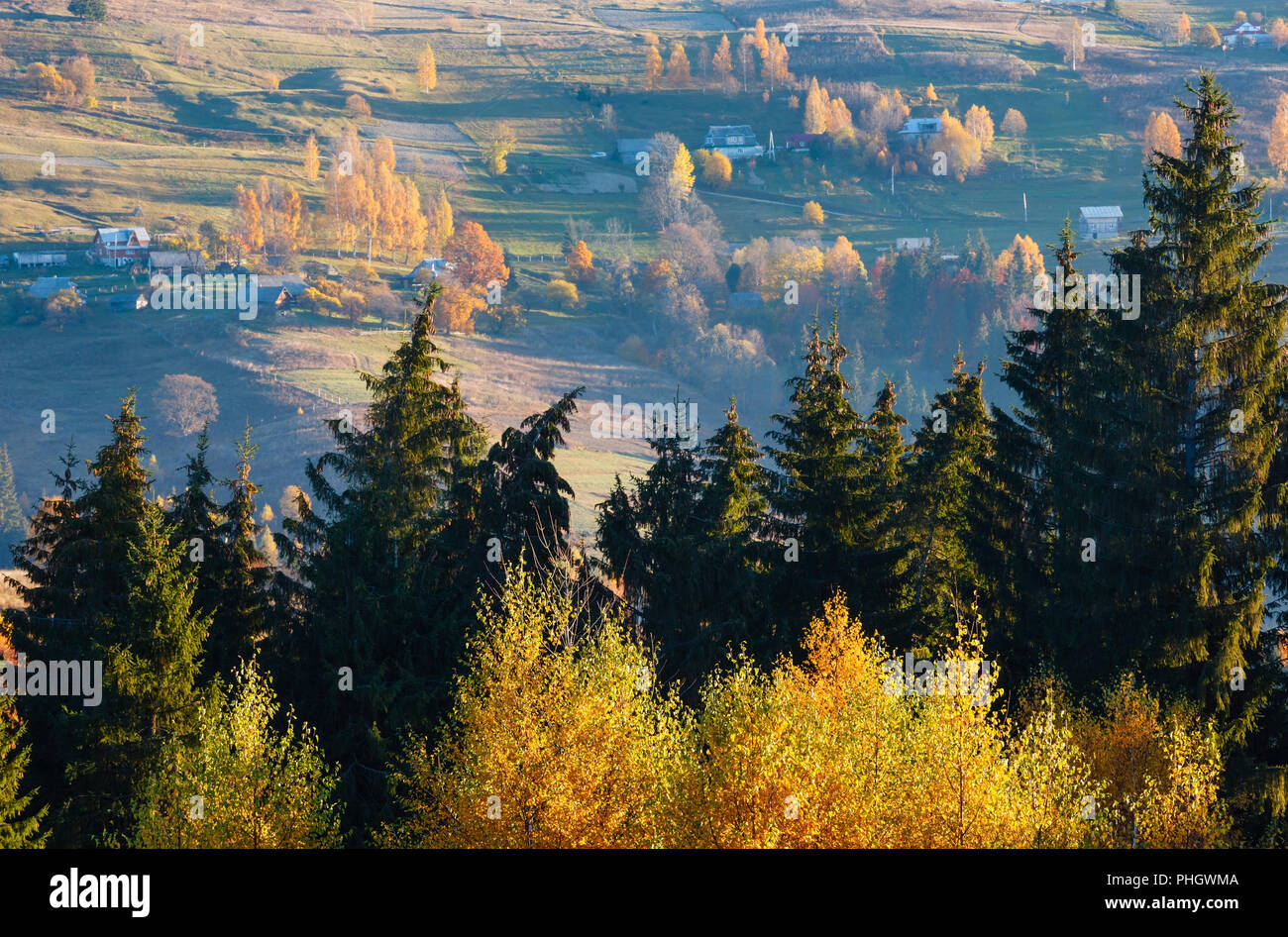 In autunno il villaggio dei Carpazi, Ucraina. Foto Stock