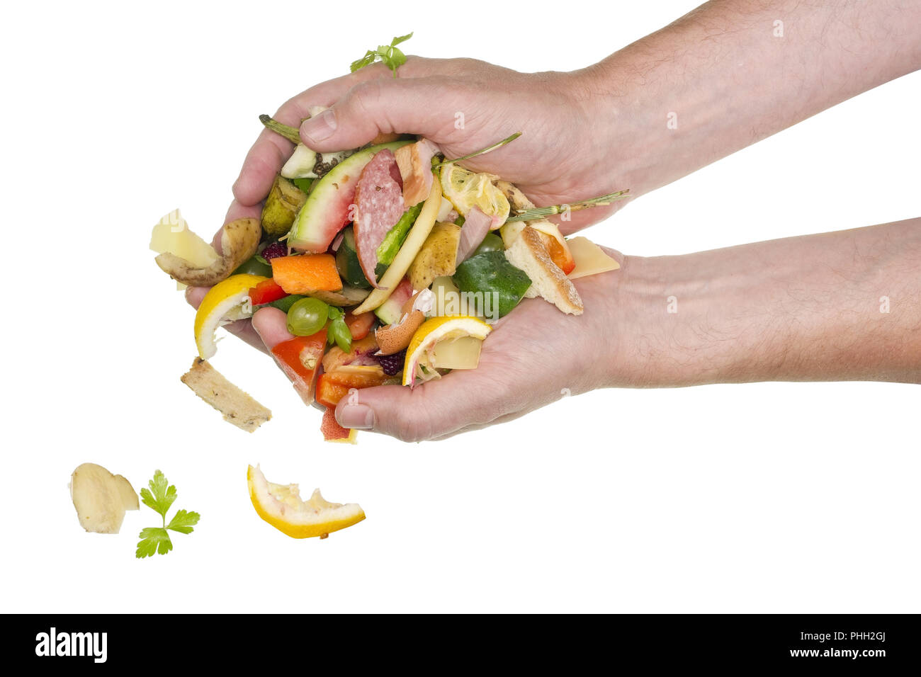 Dalle mani di cuocere i rifiuti alimentari scende Foto Stock