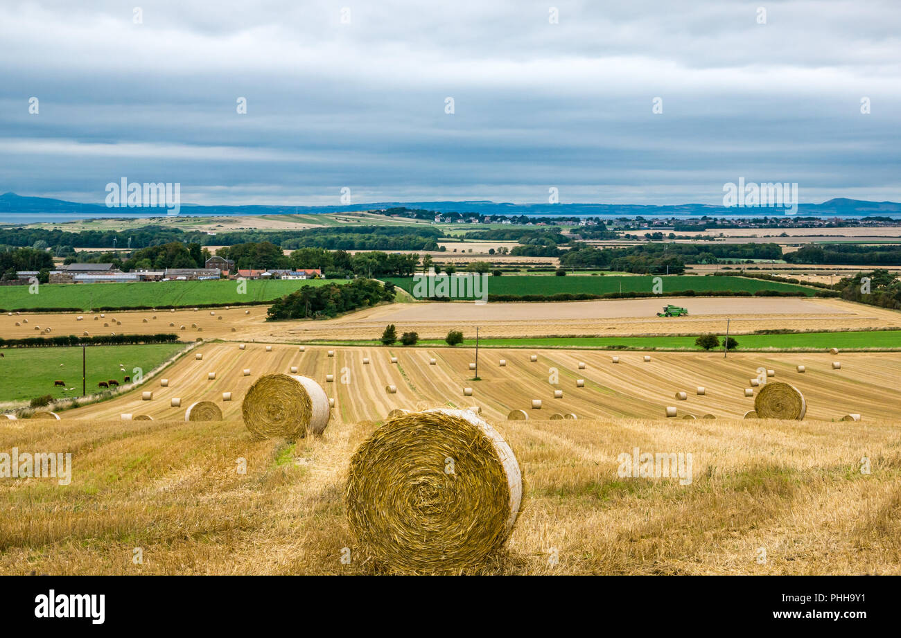 East Lothian, Scozia, Regno Unito, 1 settembre 2018. Regno Unito Meteo: un giorno nuvoloso nei campi agricoli della East Lothian campagna con round balle di fieno recentemente raccolte guardando verso il Firth of Forth Foto Stock